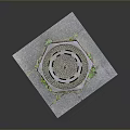 Octagonal Metal Manhole Cover on Gray Concrete Pavement with Grass Growing in Cracks