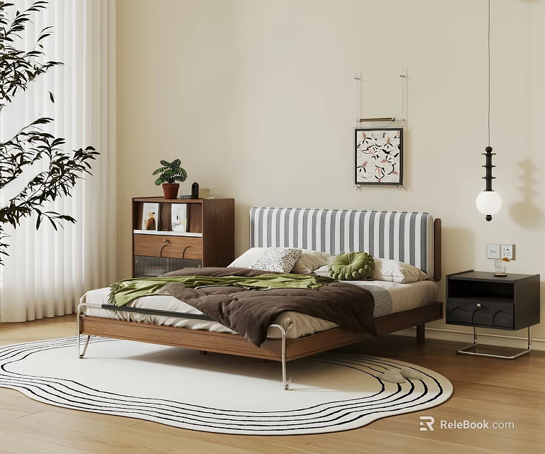 Modern Double Bed with Striped Headboard Wooden Frame Area Rug Nightstand Artwork and Pendant Lamp 3d model 
