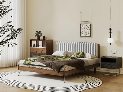 Modern Double Bed with Striped Headboard Wooden Frame Area Rug Nightstand Artwork and Pendant Lamp 3d model