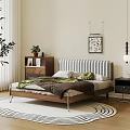 Modern Double Bed with Striped Headboard Wooden Frame Area Rug Nightstand Artwork and Pendant Lamp