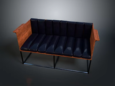 Modern Single Chair With Dark Blue Padded Seat Wooden Armrests And Black Metal Legs 3d model