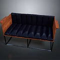 Modern Single Chair With Dark Blue Padded Seat Wooden Armrests And Black Metal Legs