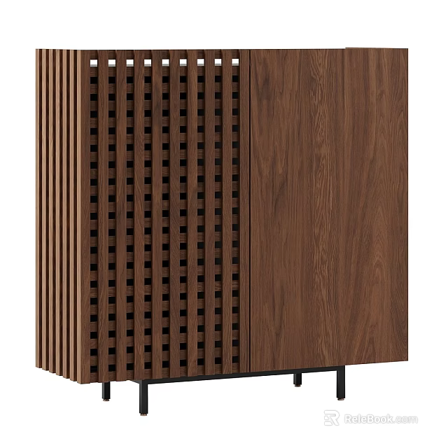 Modern Wooden Entryway Cabinet Sideboard With Slatted Front Brown Finish And Black Metal Legs 3d model 
