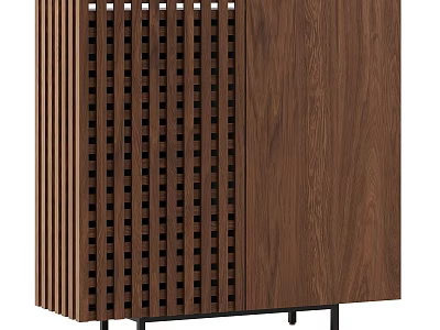 Modern Wooden Entryway Cabinet Sideboard With Slatted Front Brown Finish And Black Metal Legs 3d model