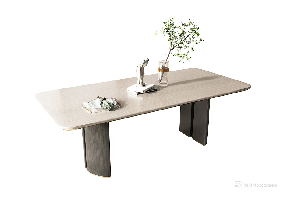 Modern Minimalist Dining Table with Light Wood Top and Dark Legs Featuring Green Plant Decor 3d model 