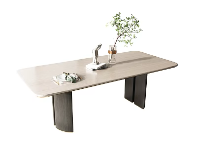 Modern Minimalist Dining Table with Light Wood Top and Dark Legs Featuring Green Plant Decor 3d model