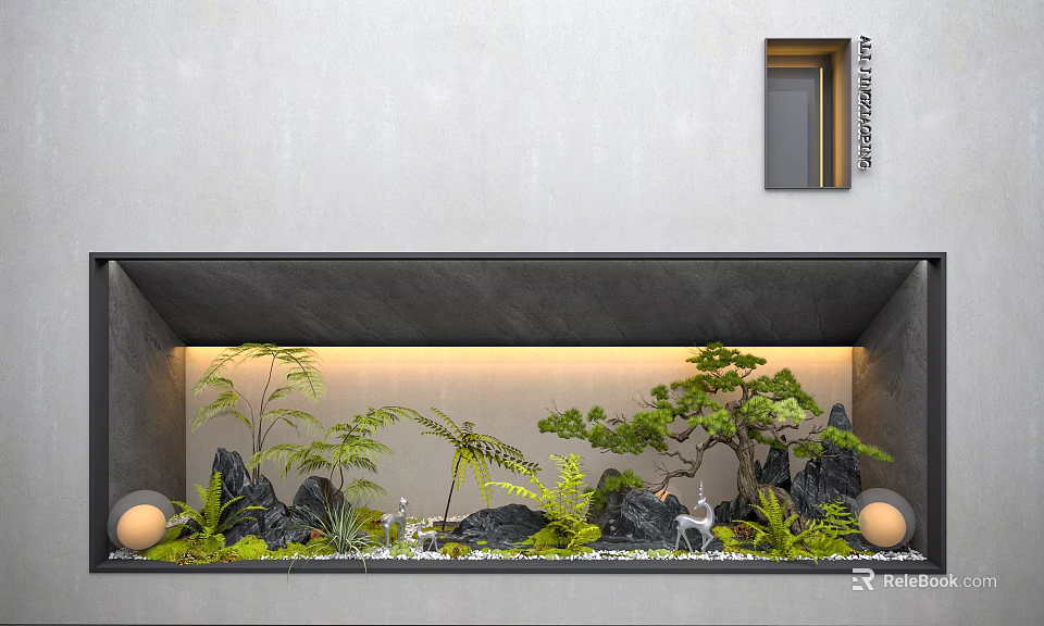 Indoor Decorative Landscape With Ferns Pine Tree Rocks And Warm Lighting 3d model 