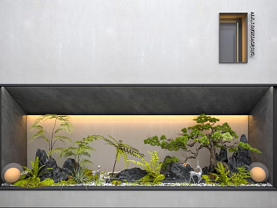 Indoor Decorative Landscape With Ferns Pine Tree Rocks And Warm Lighting 3d model