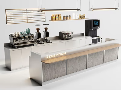 Reception Bar Counter with Wooden Top White Cabinetry Coffee Machines and Hanging Lights 3d model