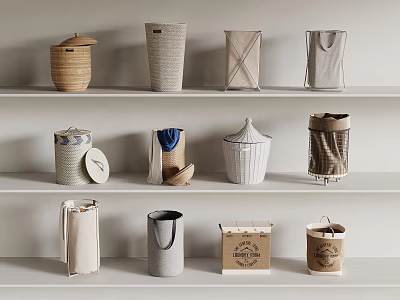 Minimalist Storage Baskets Collection On White Shelves With Various Woven Designs 3d model