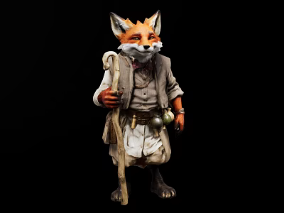 Game Movie Fox Character Wearing Medieval Robe With Wooden Staff And Leather Pouch 3d model
