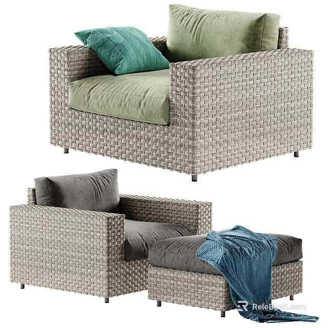 Gray Woven Rattan Outdoor Sofa With Green Gray Cushions Ottoman And Blue Throw Blanket 3d model 