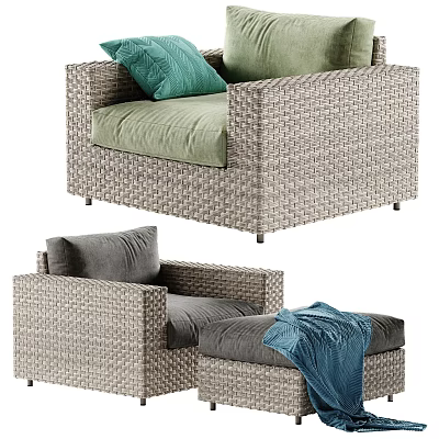 Gray Woven Rattan Outdoor Sofa With Green Gray Cushions Ottoman And Blue Throw Blanket 3d model