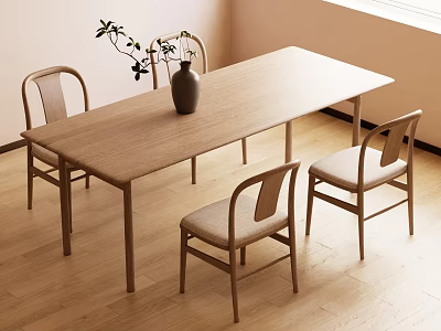 Modern Wooden Dining Table Set With Four Curved Back Chairs And Vase In Bright Room 3d model