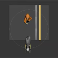 3D Character in Orange Hoodie on Black Platform with Yellow Gray Stripes and Floating Object