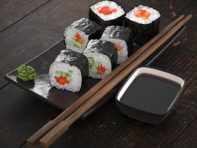Fresh Delicious Sushi Rolls Served On Black Plate With Chopsticks Soy Sauce And Wasabi 3d model