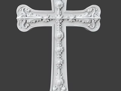Ornate White Cross Wall Decor With Intricate Carved Floral Details For Home Interior 3d model