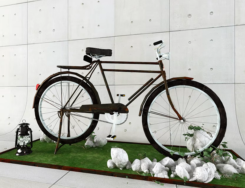 Vintage Bicycle Display With Green Grass Rocks And Lantern Against Concrete Wall 3d model 