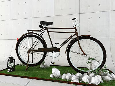 Vintage Bicycle Display With Green Grass Rocks And Lantern Against Concrete Wall 3d model