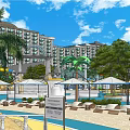 Tropical Garden Landscape with Palm Trees Pool Colorful Umbrellas Water Slides Dome Structure and Greenery