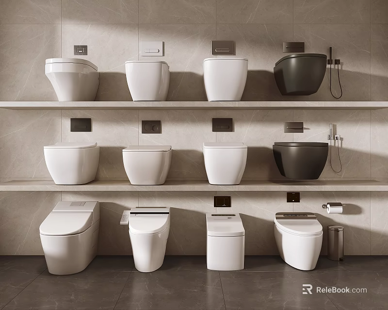 Modern Bathroom Toilets Displayed On Shelves In White And Black Styles 3d model 