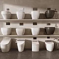 Modern Bathroom Toilets Displayed On Shelves In White And Black Styles