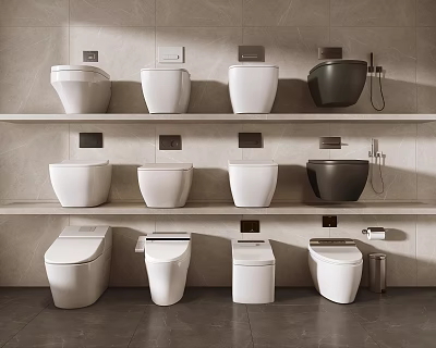 Modern Bathroom Toilets Displayed On Shelves In White And Black Styles 3d model