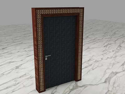 Elegant Hinged Door With Dark Panel Wooden Frame And Golden Decorative Trim 3d model