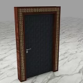 Elegant Hinged Door With Dark Panel Wooden Frame And Golden Decorative Trim