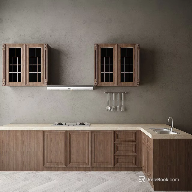 Modern Kitchen Interior With Wooden Cabinets Marble Countertop Range Hood Sink And Gray Wall 3d model 