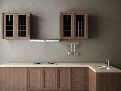 Modern Kitchen Interior With Wooden Cabinets Marble Countertop Range Hood Sink And Gray Wall 3d model