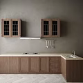 Modern Kitchen Interior With Wooden Cabinets Marble Countertop Range Hood Sink And Gray Wall