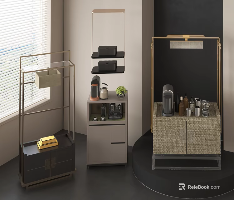 Elegant Modern Shelving Units With Metal Frames Open Shelves And Drawers For Living Space Storage 3d model 