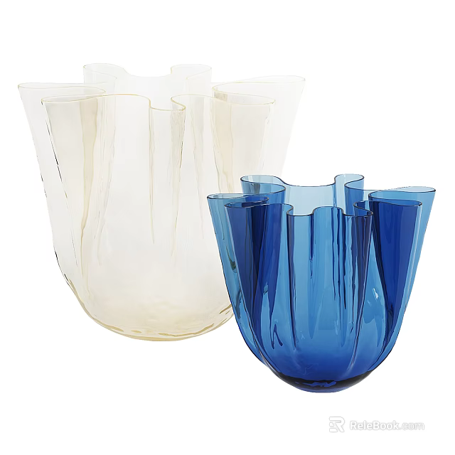 Decorative Ornament Set With Two Transparent And Blue Glass Pleated Vases 3d model 