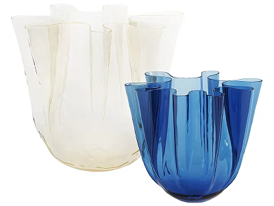 Decorative Ornament Set With Two Transparent And Blue Glass Pleated Vases 3d model