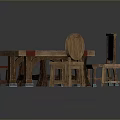 Rustic Wooden Furniture Set With Tables Chairs And Red Stool Design