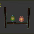Rustic Wooden Frame With Two Yellow Lighted Lanterns On Gray Background