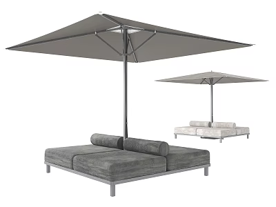 Modern Gray Outdoor Lounge Chair With Cushioned Seat Metal Frame And Sunshade Umbrella 3d model