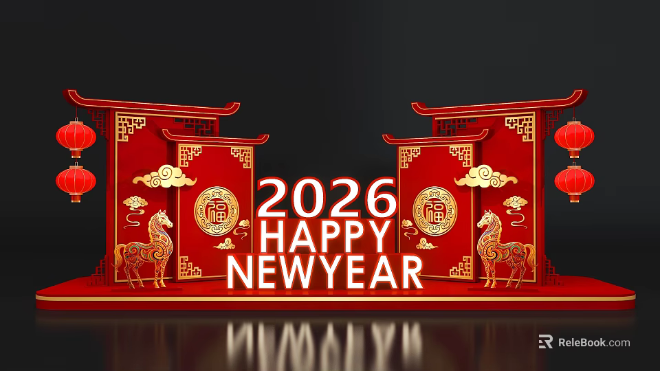 2026 New Year Chinese Photo Check In Spot With Red Lanterns Deer And Auspicious Clouds 3d model 