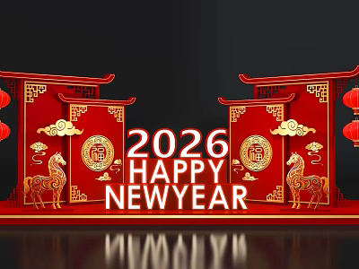 2026 New Year Chinese Photo Check In Spot With Red Lanterns Deer And Auspicious Clouds 3d model