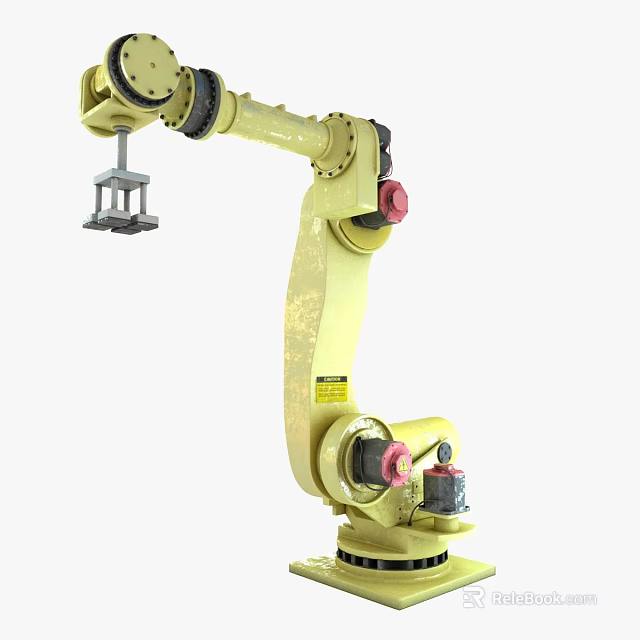 Smart Machine Yellow Robotic Arm Grasping Metal Component In Industrial Environment 3d model