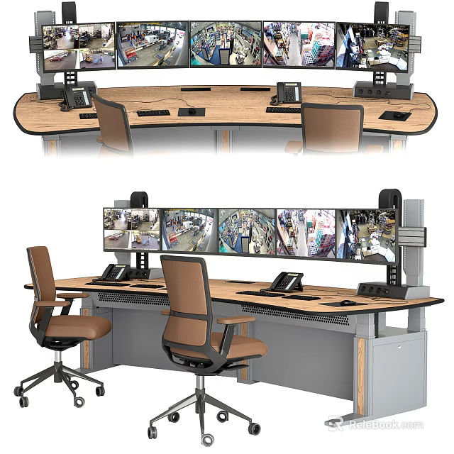 Ergonomic Office Work Desk With Multiple Monitors And Control Console Setup 3d model
