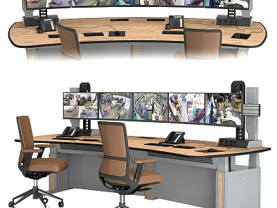 Ergonomic Office Work Desk With Multiple Monitors And Control Console Setup 3d model