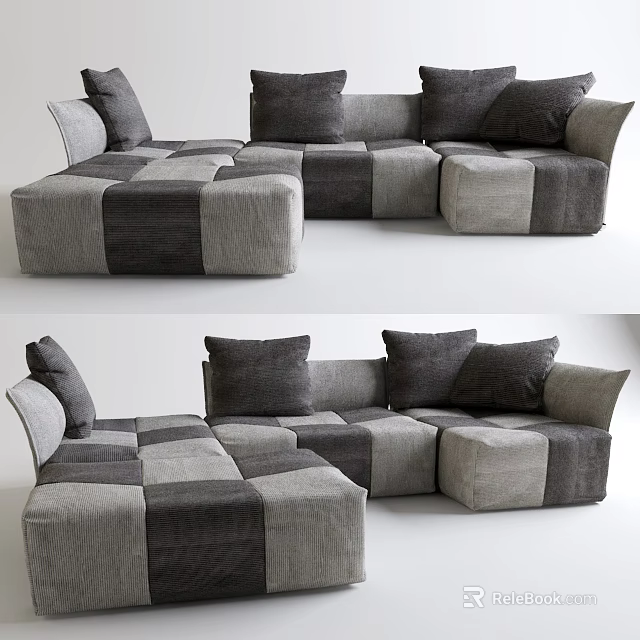 Modern Modular Sofa With Gray And Black Patchwork Design And Multiple Soft Cushions 3d model