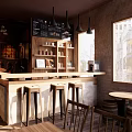 Rustic Bar Interior Design With Wooden Counter Bar Stools Bottle Shelves And Menu Board
