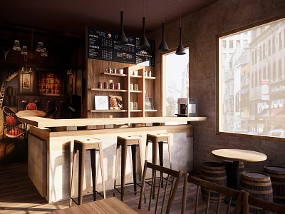 Rustic Bar Interior Design With Wooden Counter Bar Stools Bottle Shelves And Menu Board 3d model