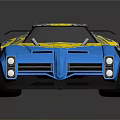 Blue And Yellow Sports Car With Unique Graphic Patterns And Black Rear Spoiler