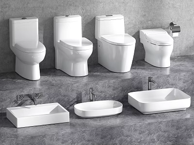 Multiple Modern White Ceramic Toilets And Bathroom Sinks In Grey Setting 3d model