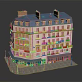 European Style Multi Storey Building With Blue Roof Red Chimneys Balconies And Outdoor Seating