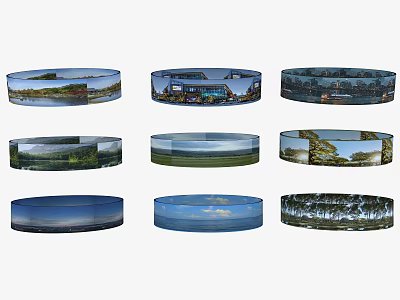Circular Panoramic Images Displaying Lakes Fields Trees And Urban Buildings 3d model